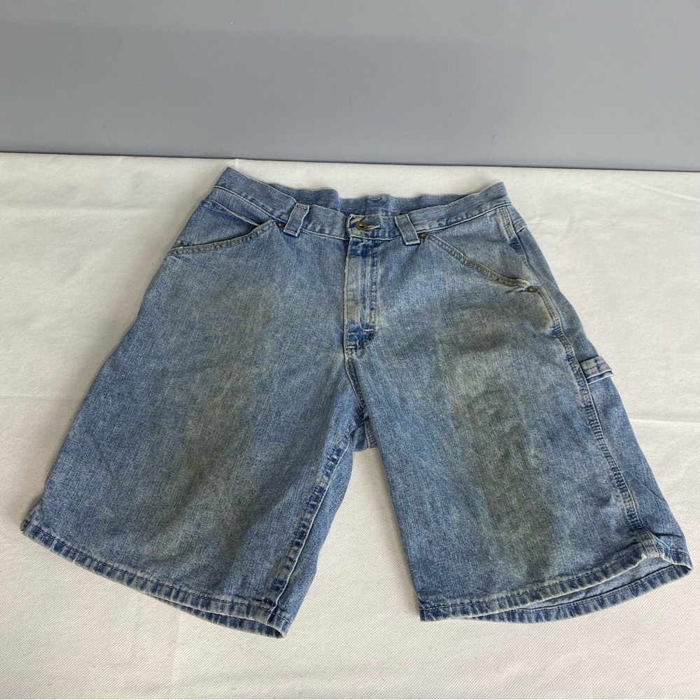 Vtg Y2K Lee Dungarees Carpenter Denim Shorts Mens 32 Blue Jorts Buddy Lee Stain